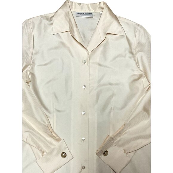 100% SILK CUFF LINKED BLOUSE SZ S CREAM VALERIE STEVENS BUTTON FRONT COLLARED - Picture 2 of 7